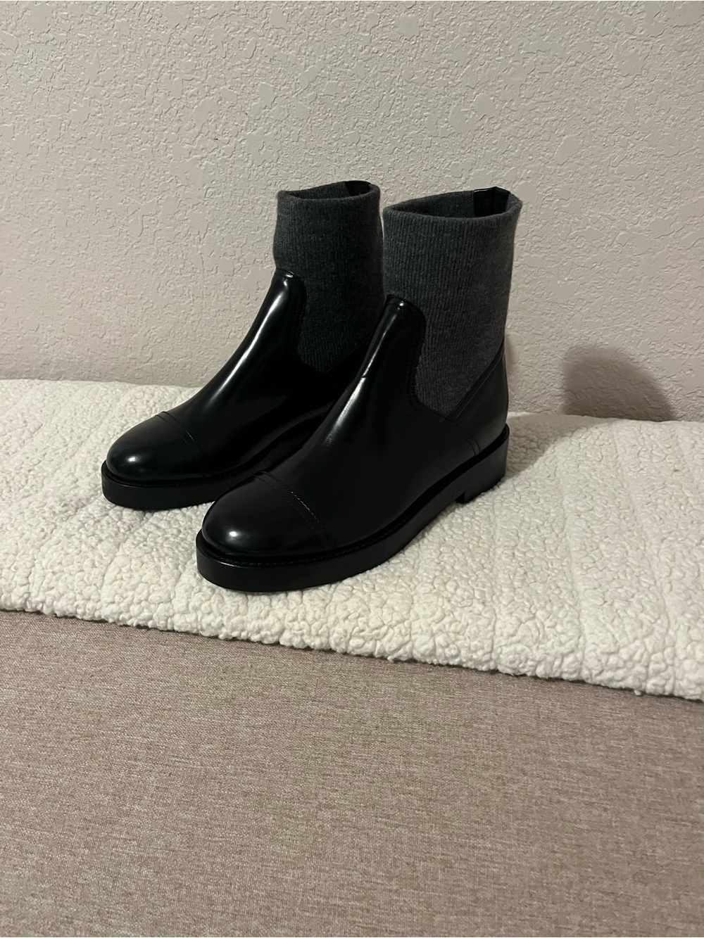 J. Crew Black Leather Ankle Boots with Gray Knit Cuffs